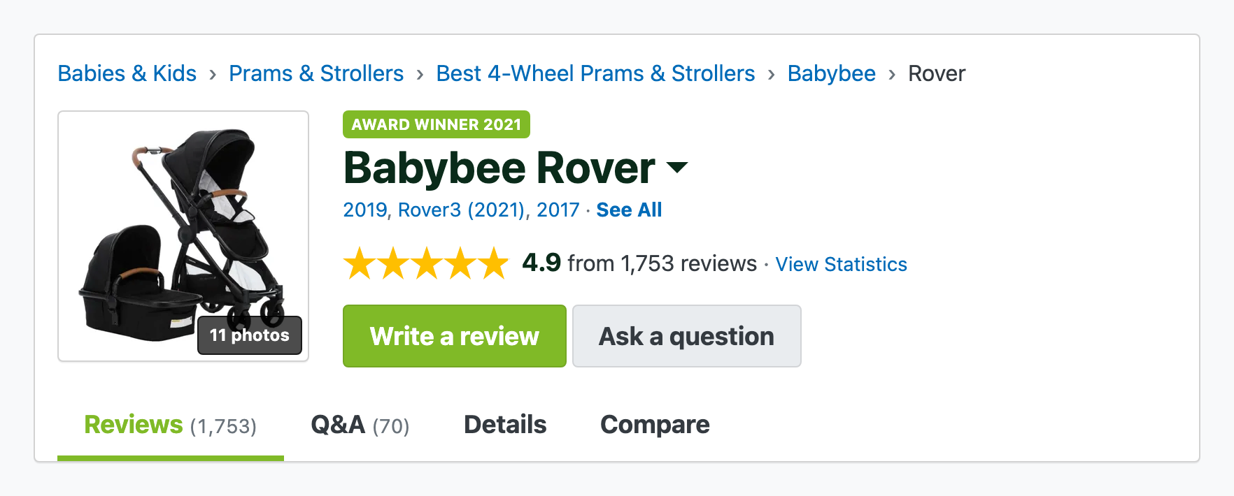 Screenshot of Babybee Rover listing page on ProductReview.com.au