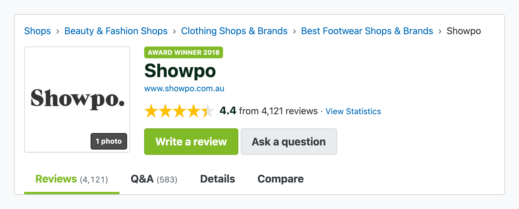 Screenshot of Showpo listing page on ProductReview.com.au