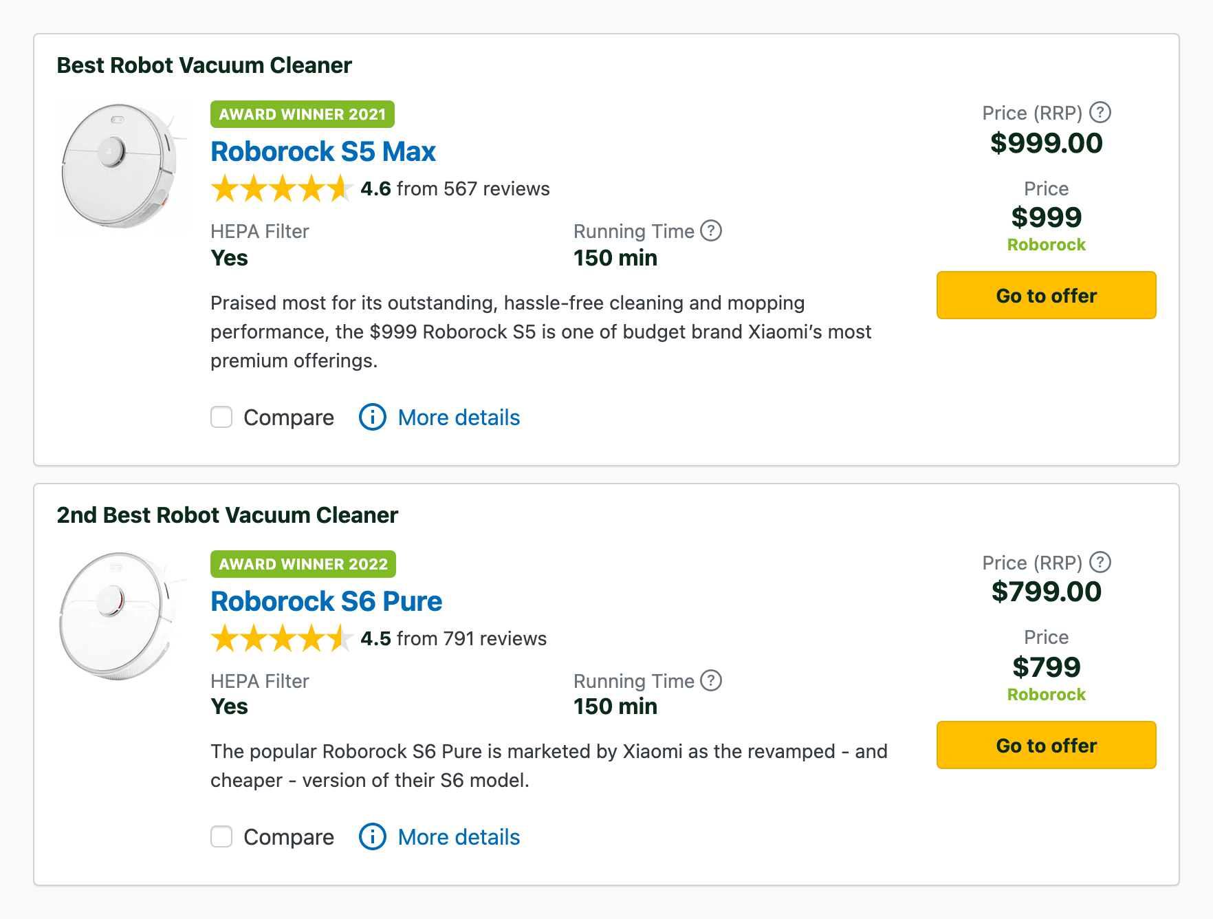 Screenshot of Robot Vacuum Cleaners category page on ProductReview.com.au