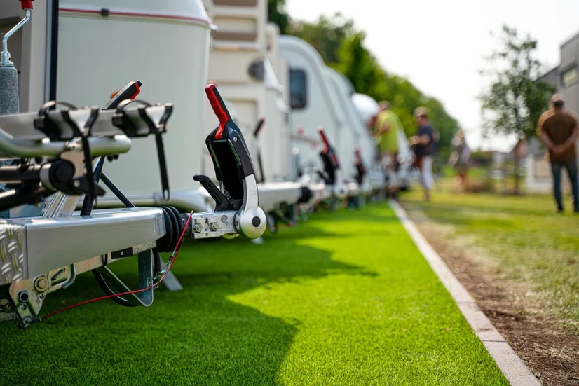 A line of caravans at a dealership