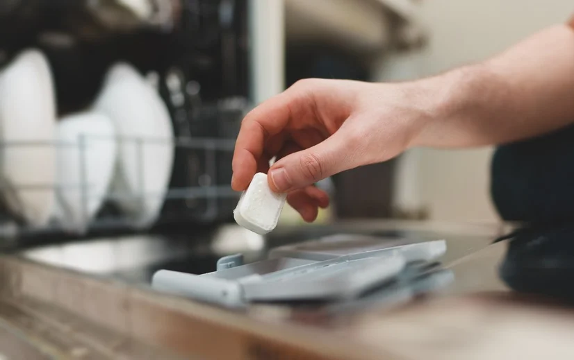 A close up shot of a man putting a dishwasher tablet into a dishwasher dispenser