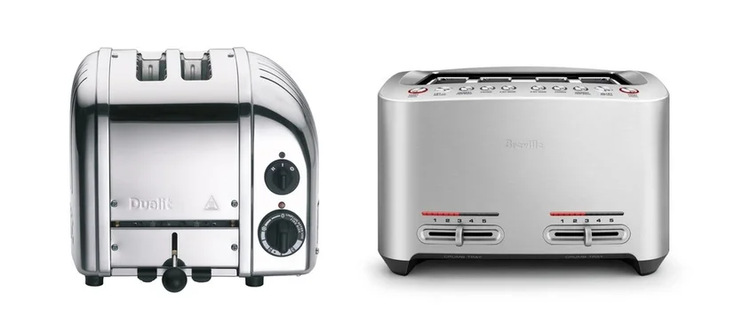 Product images of the Dualit Newgen 2 slice toaster and the Breville 4 slice Smart Toast
