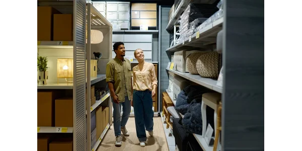 A man and a woman walking through a home decor aisle in a furniture store.