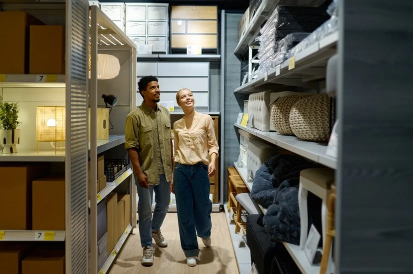 A man and a woman walking through a home decor aisle in a furniture store.