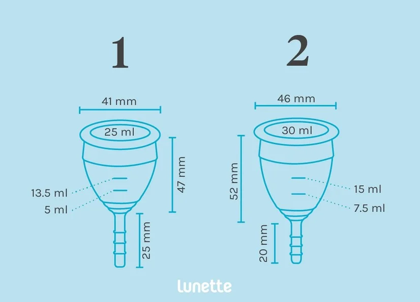 A graphic showing the dimensions of a small menstrual cup and a larger menstrual cup