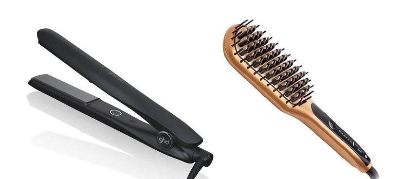 Side by side product images of the ghd Gold Style Hair Straightener and the Remington Hair Straightening Brush.