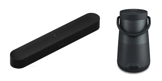 The Sonos Beam Soundbar and the Bose Soundlink Revolve Plus Portable Speaker.