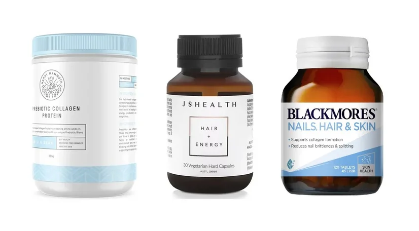 Product images of the Happy Mammoth Prebiotic Collagen Protein, the JSHealth Vitamins for Hair + Energy, and the Blackmores Nails, Hair, and Skin.