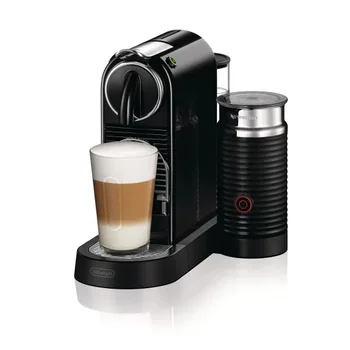 A product image of a black De'Longhi Nespresso Citiz machine with a frothy coffee on it.