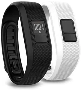 two garmin vivofit 3 smart watches, one black and one white