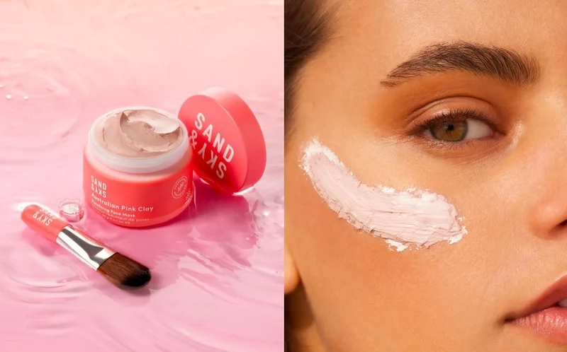 The Sand and Sky Brilliant Skin Pink Clay Mask next to an image of a woman with some of the product on her face.