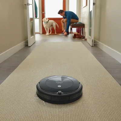 irobot cleaning a rug with man and dog in background