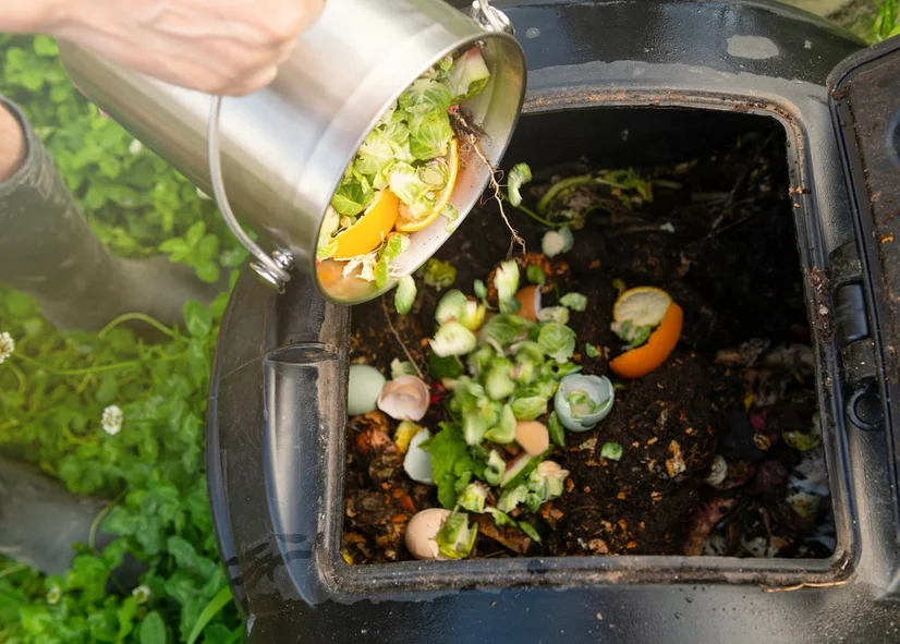 A person emptying a silver bucket full of food scraps into a black compost bin.