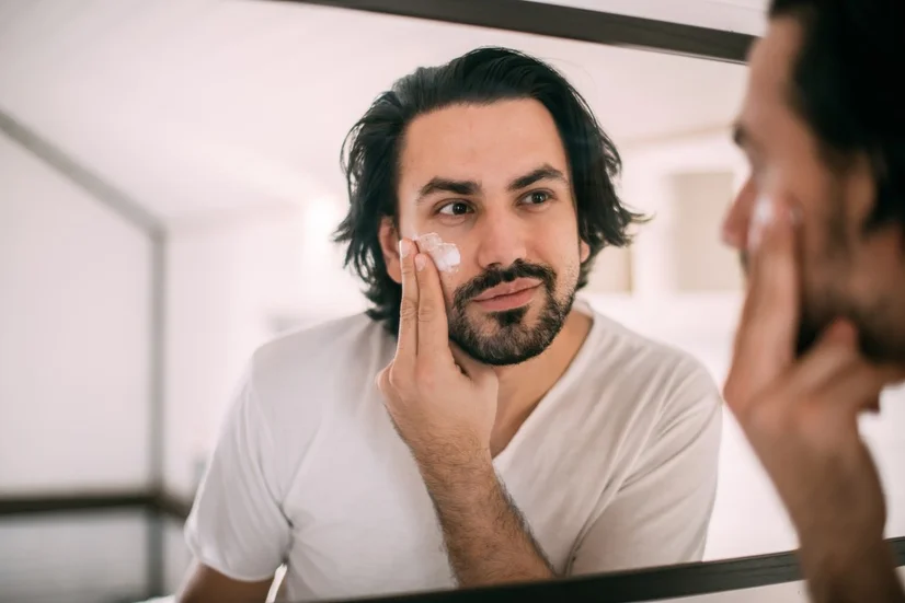 Man with beard looking in the mirror and applying a cream to his face