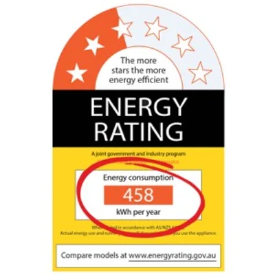 An energy efficiency label marking 2.5 out of 6 stars and an energy consumption of 458kWh per year.