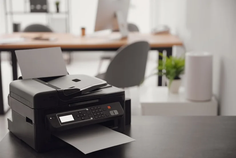 A black printer scanner on a desk in a brightly lit home.