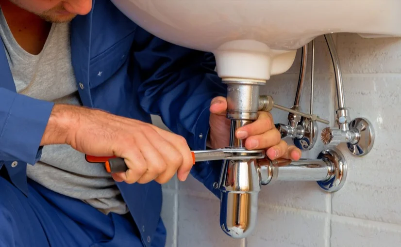 A plumber fixing pipes underneath a bathroom sink.