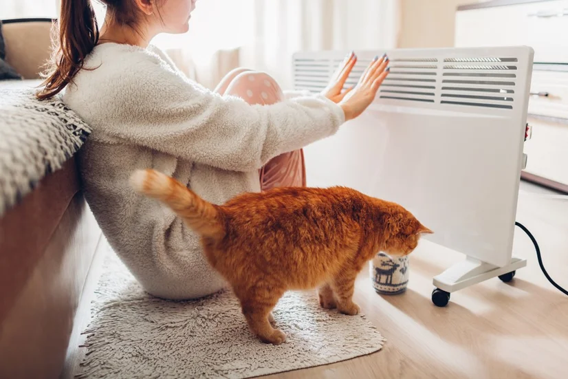 Young woman sitting next to cat and convector heater and warming her hands