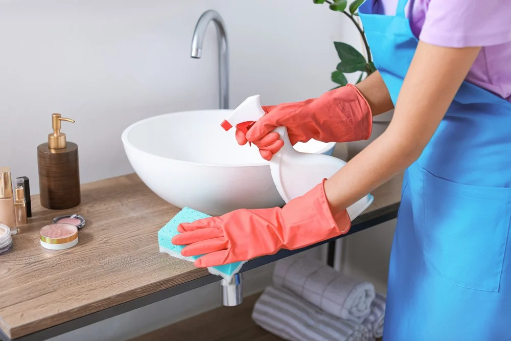 woman scrubbing the bathroom sink while wearing gloves