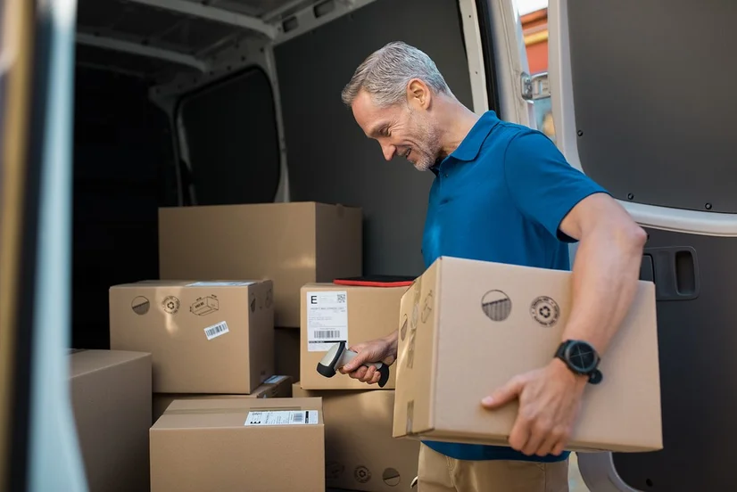 Man transporting boxes in van