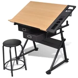 vidaXL Tilt Drafting Table Stool Set Drawing Desk 2 Drawer Computer Office