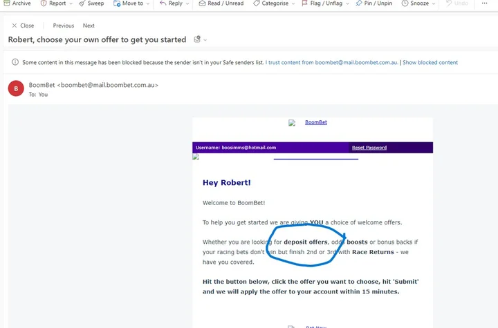 Screenshot of Boombet Casino mobile interface